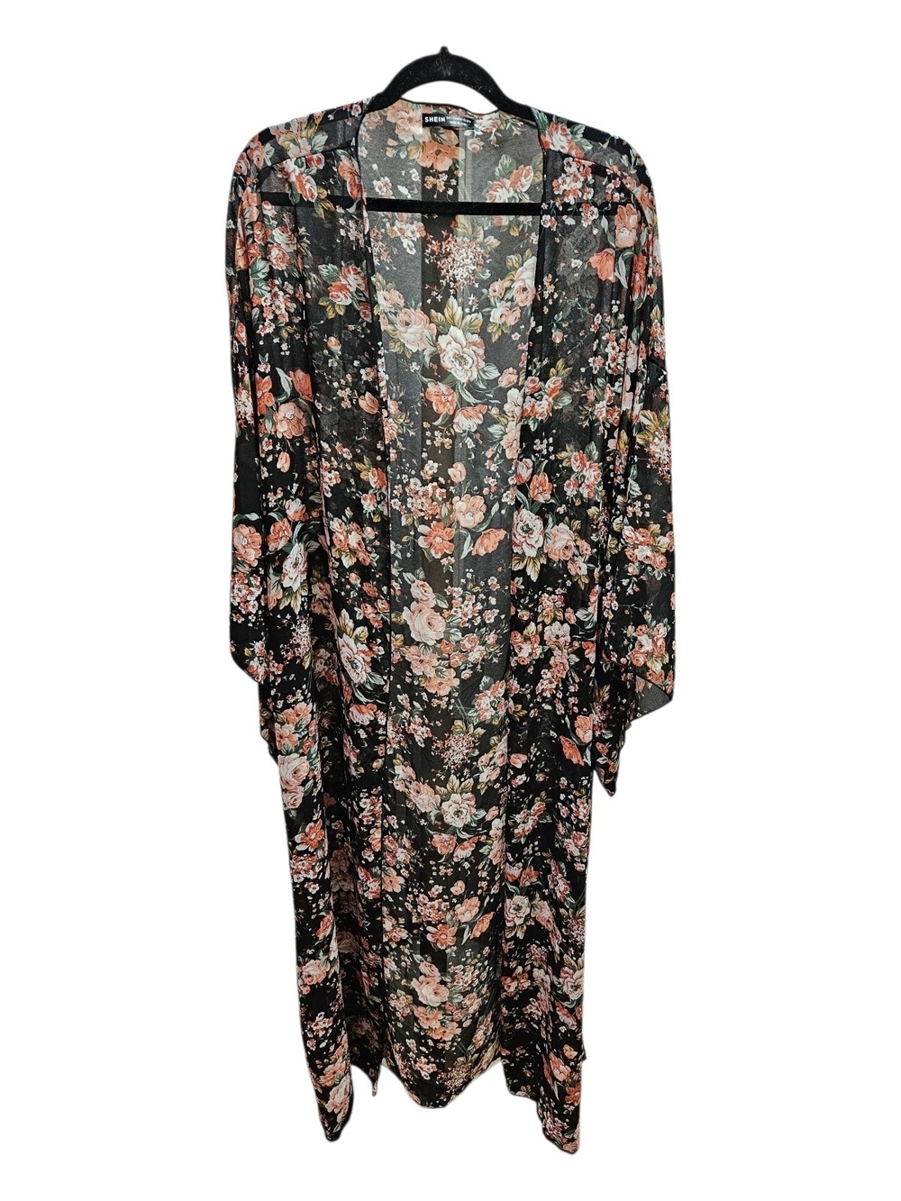 NWOT Black Floral Sheer Long Kimono Feminine Boho Cottagecore